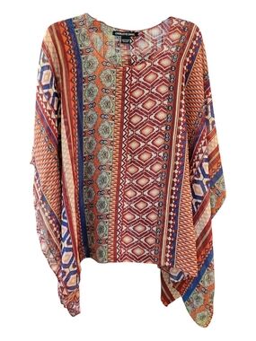 Charlotte Daniel Red Orange Multi-Print Bandana Print Poncho Blouse - One Size